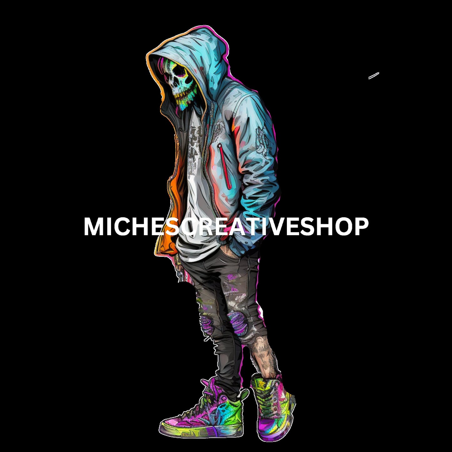 SKELETON MAN  scary in Neon Colours digital image only 400 dpi Neon Skeleton Design hip hop skeleton man great for t-shirt designs printable