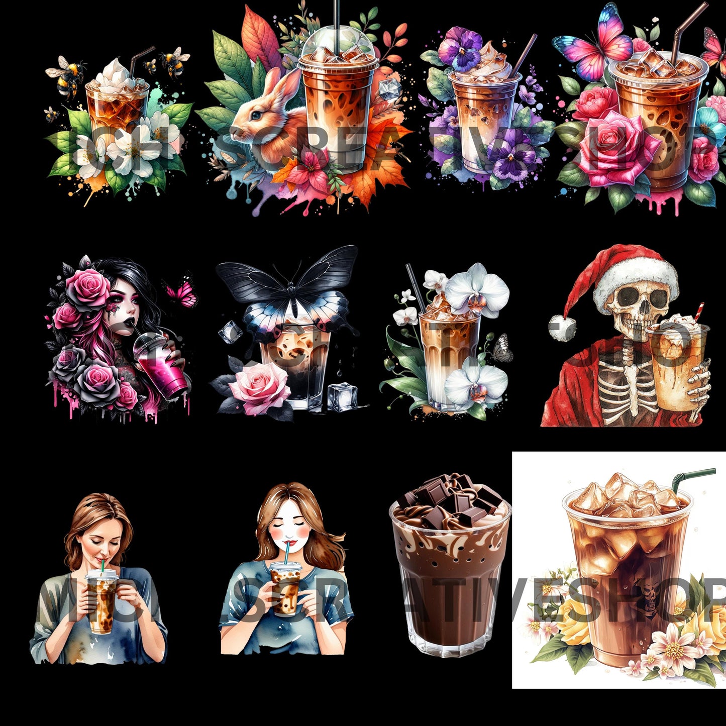 COFFEE CAFFINE COLLECTION Clip Art Bundle Iced Coffee and Coffee Cup Illustrations Digital Coffee Art for Crafts Stickers sublimation create