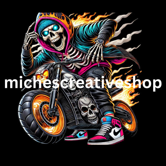 SKELETON MOTORBIKE hip hop so cool skeleton design great for t-shirts vibrant edgy hip-hop vibes motorbikes clip art motorbike great design