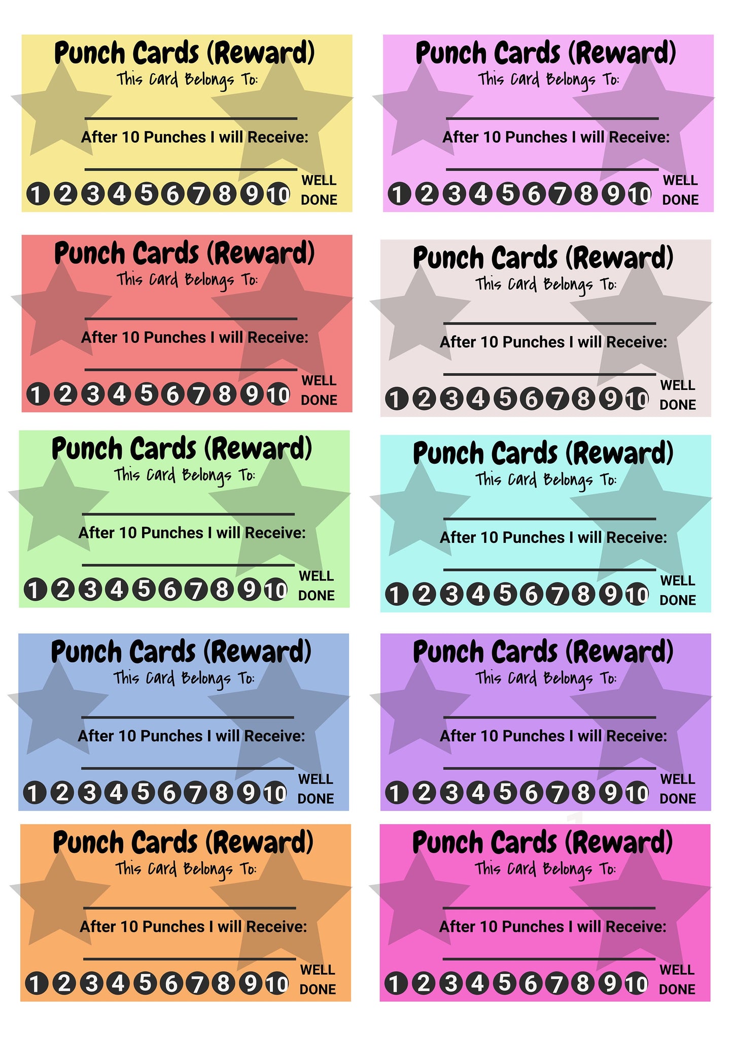 PUNCH CARDS printable  for Kids Incentive Reward Card Tracker for Classroom or home Chores Behaviour Digital only Reward certificates