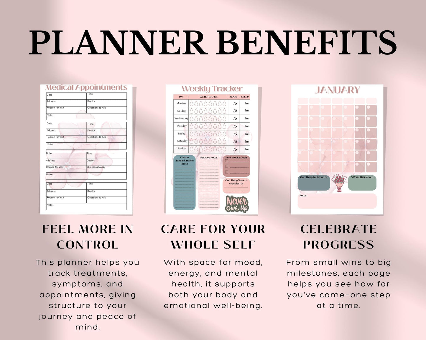 Digital Cancer Wellness Planner PDF Printable Health Tracker Chemo Symptom Log Self-Care Mood Tracker A4 Cancer Treatment Journal