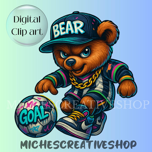 Soccer Bear Clipart Cool Graffiti Style Teddy Bear Playing Football Urban Streetwear PNG for Kids & Sports Designs soccer great for t-shirts