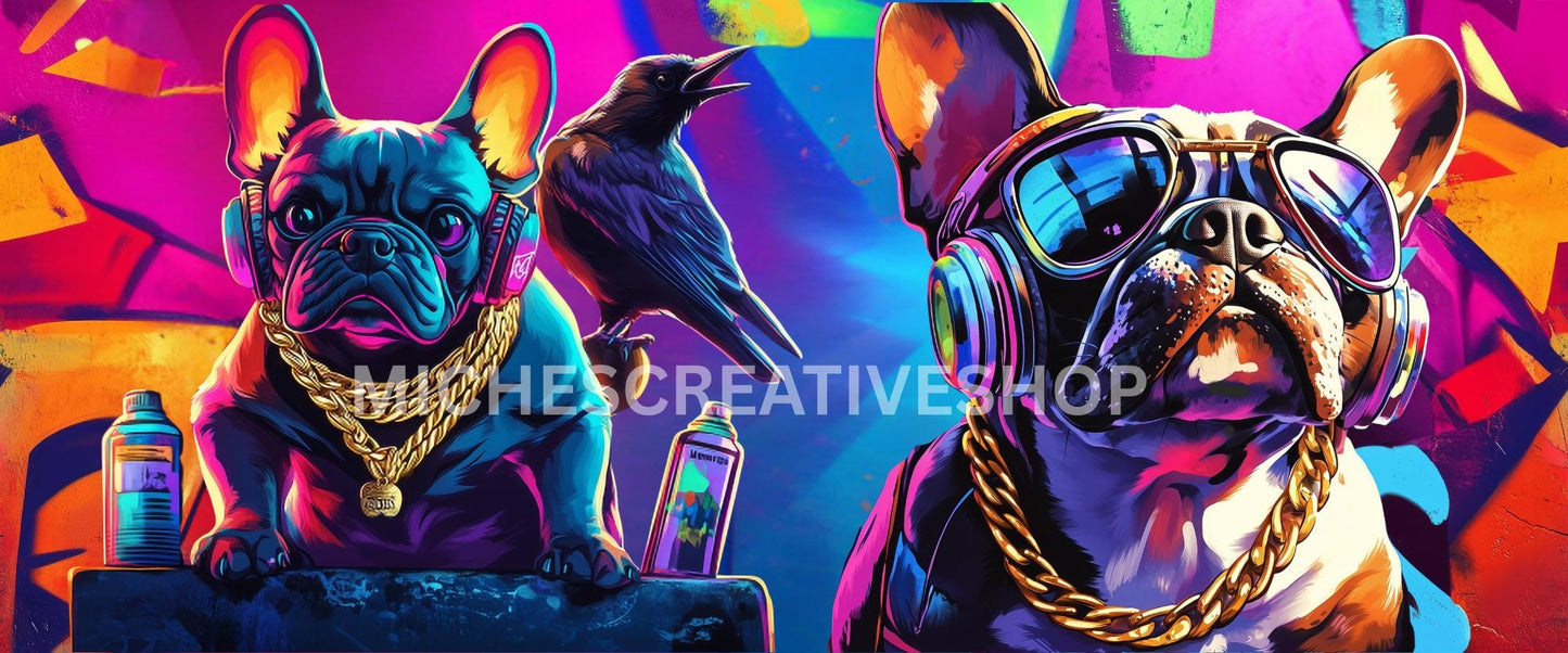 TUMBLER WRAP 40 oz street bulldog design PNG Neon Frenchie with Gold Chain 40 oz Wrap Design great for tumbler wraps