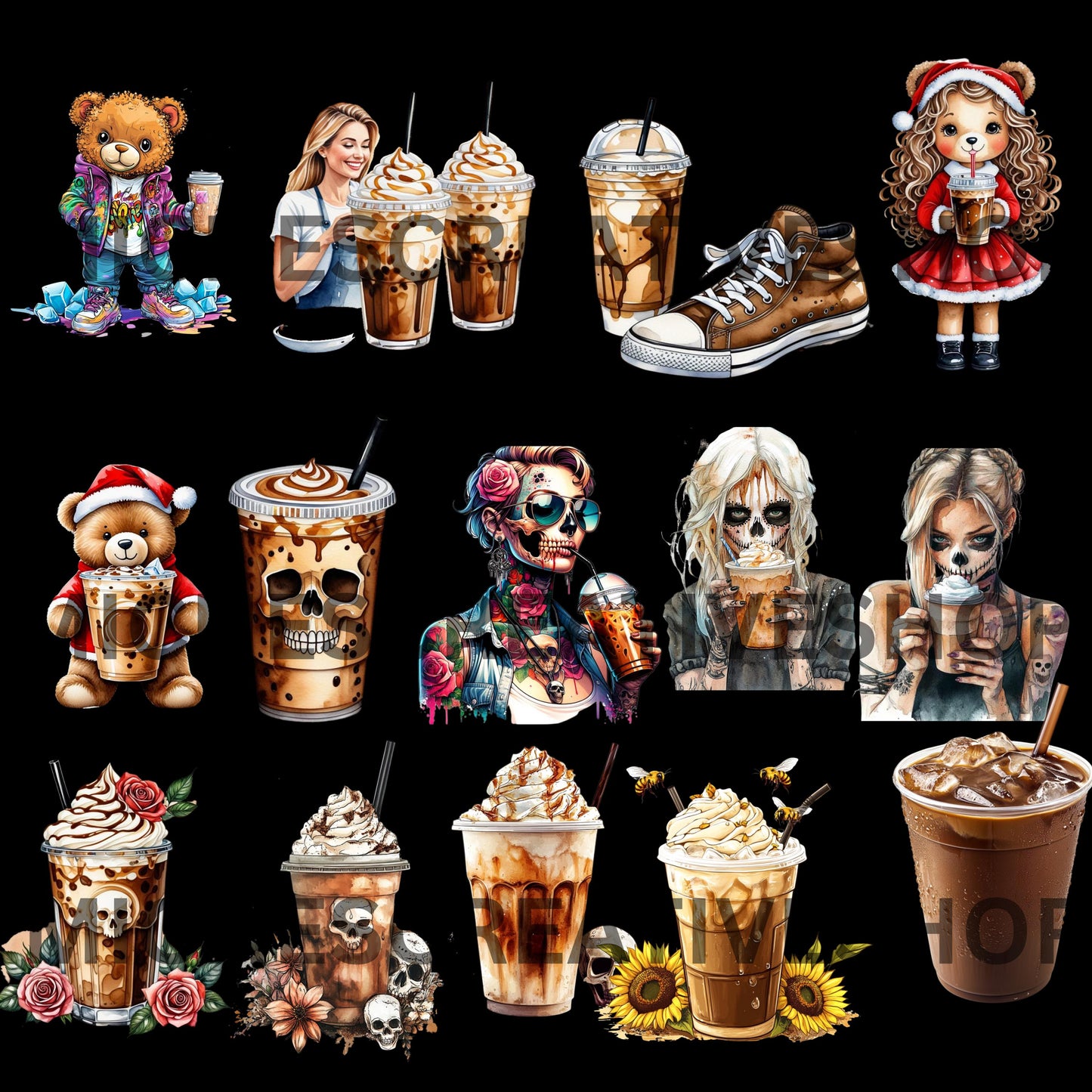 COFFEE CAFFINE COLLECTION Clip Art Bundle Iced Coffee and Coffee Cup Illustrations Digital Coffee Art for Crafts Stickers sublimation create