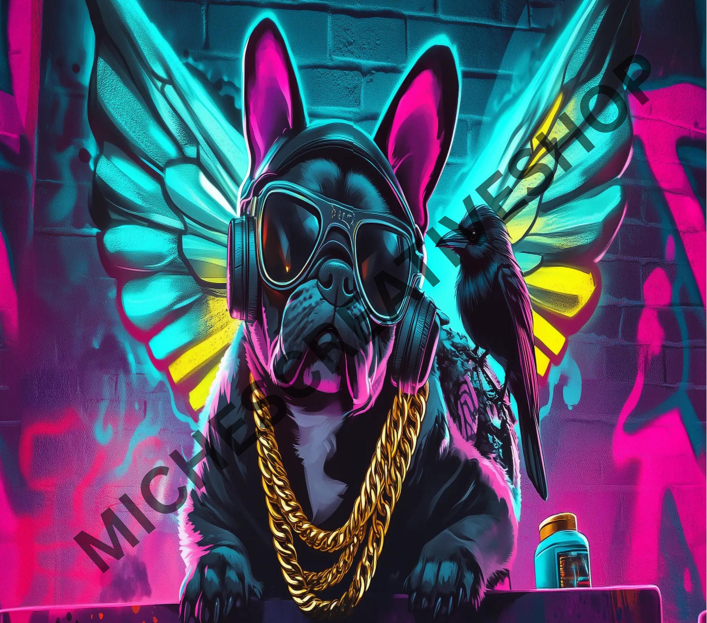TUMBLER 20 oz BULLDOG HIP Urban Wings: Hip-Hop Bulldog in Neon Graffiti sublimation Printable great design for your tumbler
