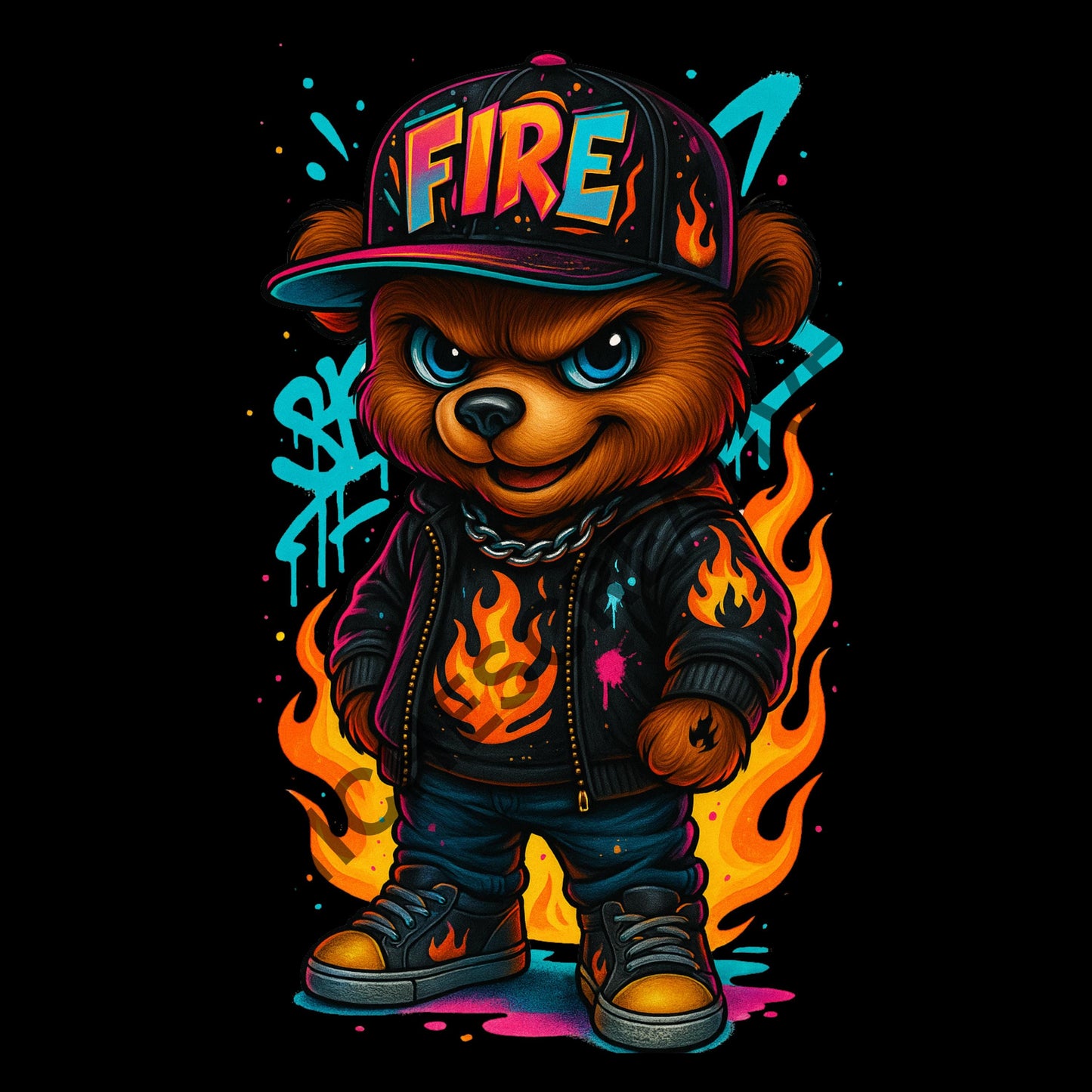 FIRE BEAR  Clip Art Hip Hop Streetwear Teddy Graffiti Flame Jacket Digital Art Cool Urban Bear Sublimation Design great for t-shirts