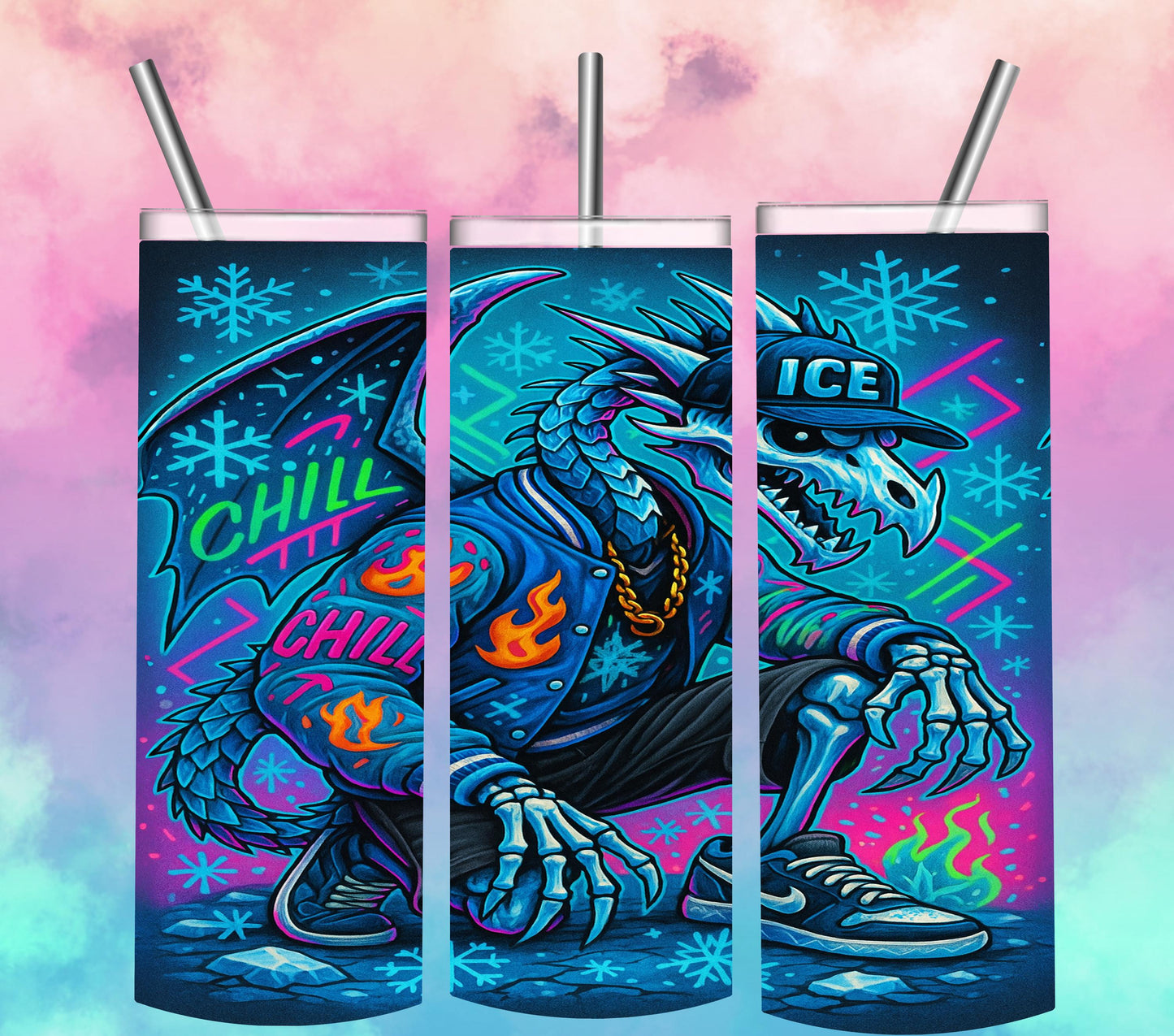 TUMBLER 20 oz Dragon Skeleton  Urban Graffiti Style Wall Print Neon Fantasy Creature Poster Streetwear Décor  sublimation printable only