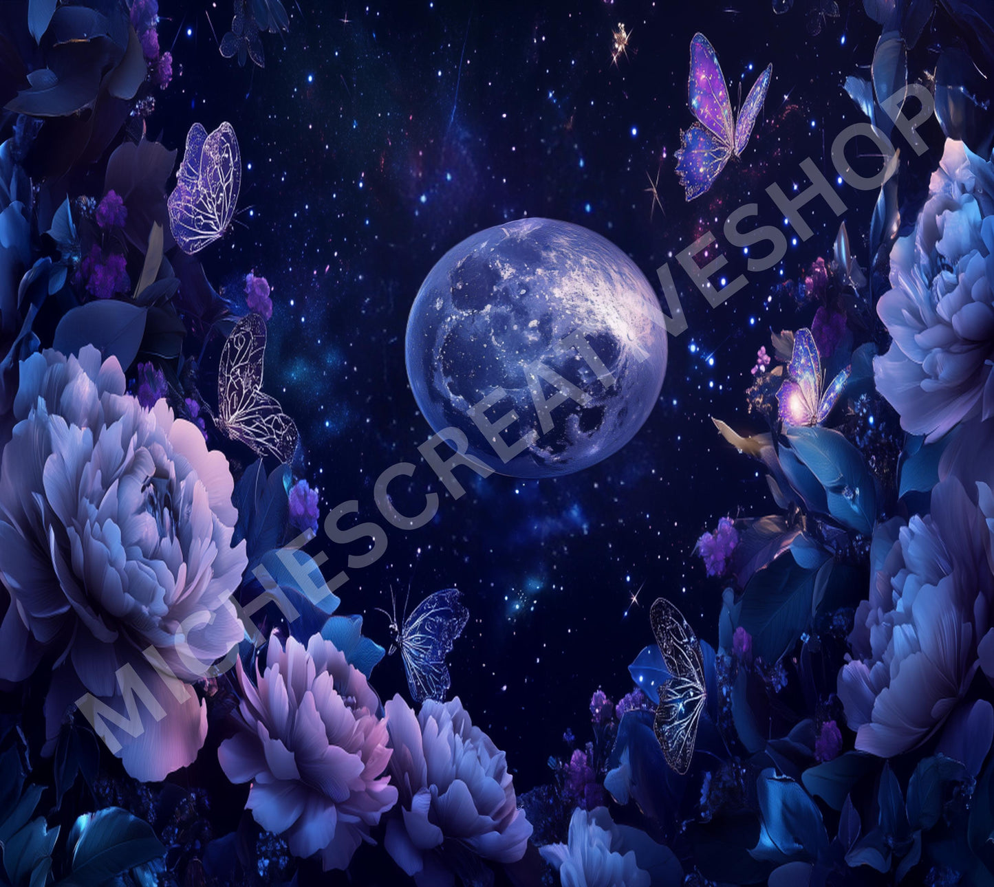 TUMBLER 20 oz Celestial Moon Garden Clipart – Night Sky with Peonies & Butterflies | Cosmic Floral PNG Background