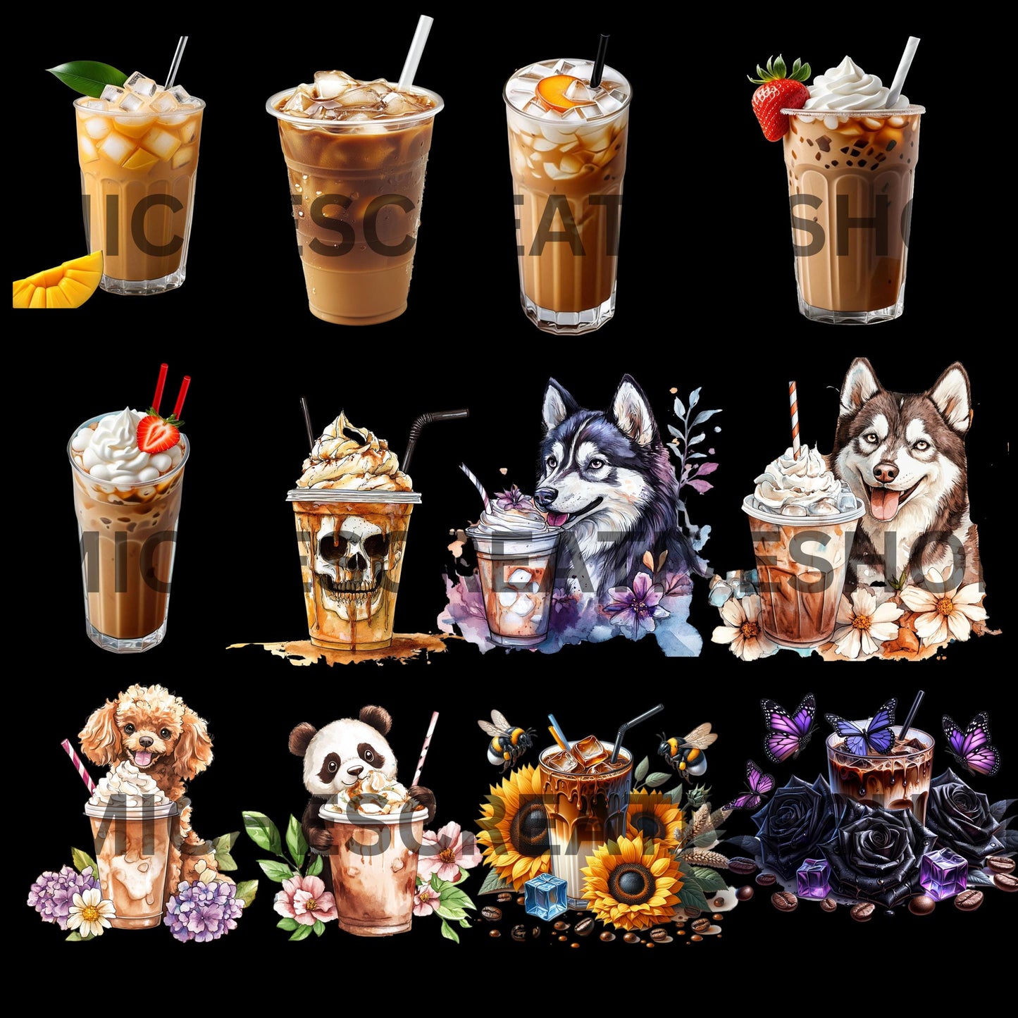 COFFEE CAFFINE COLLECTION Clip Art Bundle Iced Coffee and Coffee Cup Illustrations Digital Coffee Art for Crafts Stickers sublimation create
