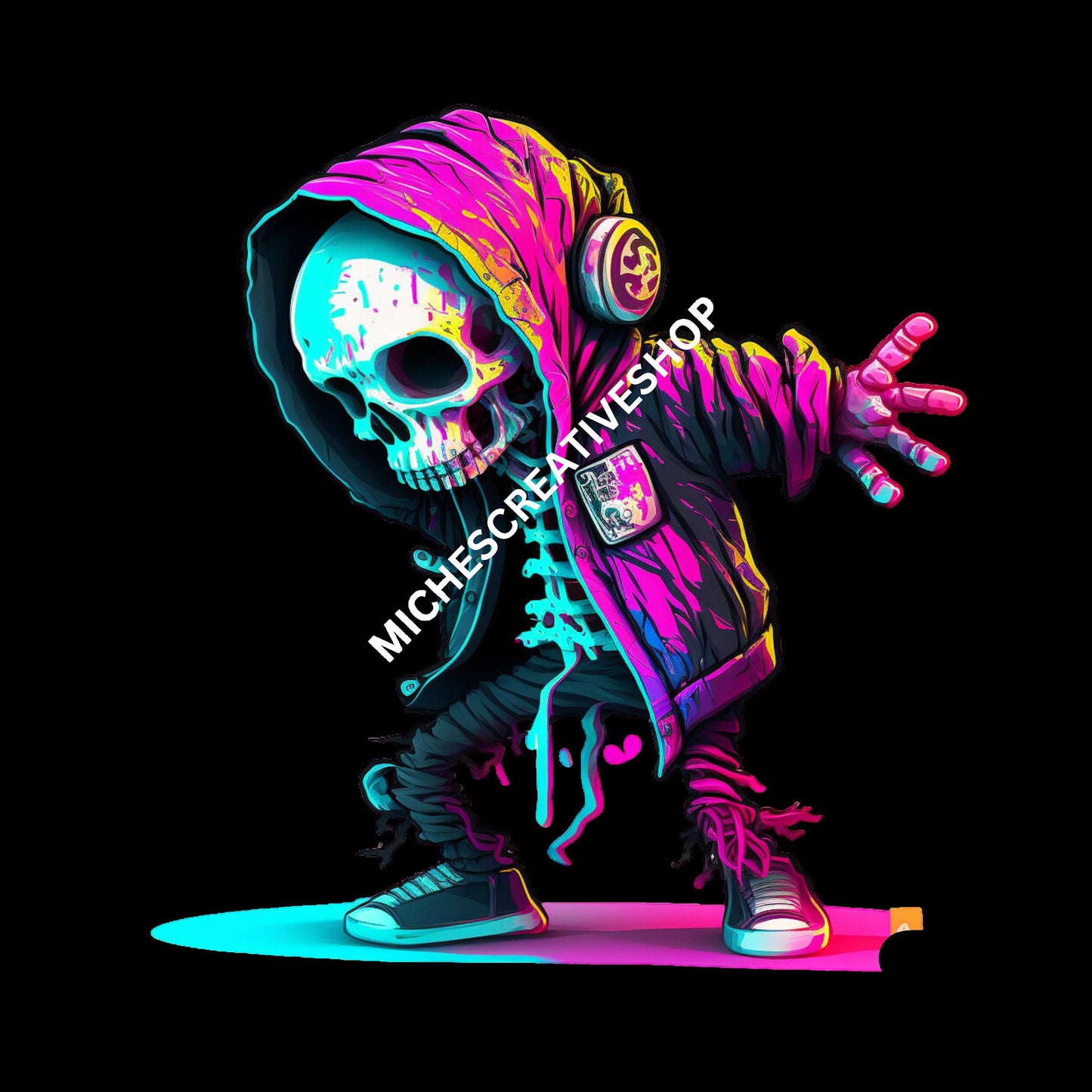 SKELETON MAN  in Neon Colours digital image only 400 dpi Neon Skeleton Design hip hop skeleton man cool
