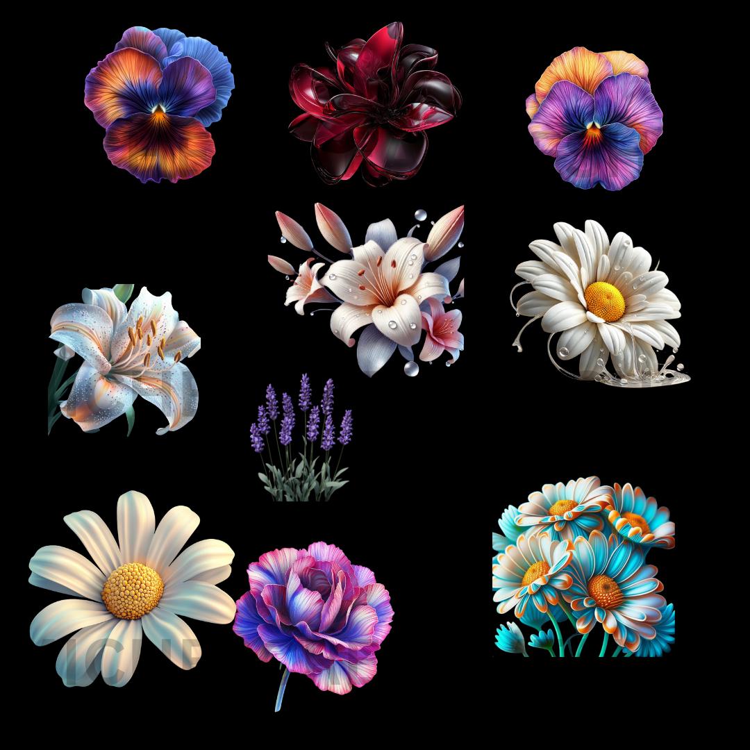 FLOWER 3D 60 clip art daffodil birds of paradise daisy carnation Pansy Frangipanni Lavender Lily Protea Poppy Sunflowers Roses Tulips