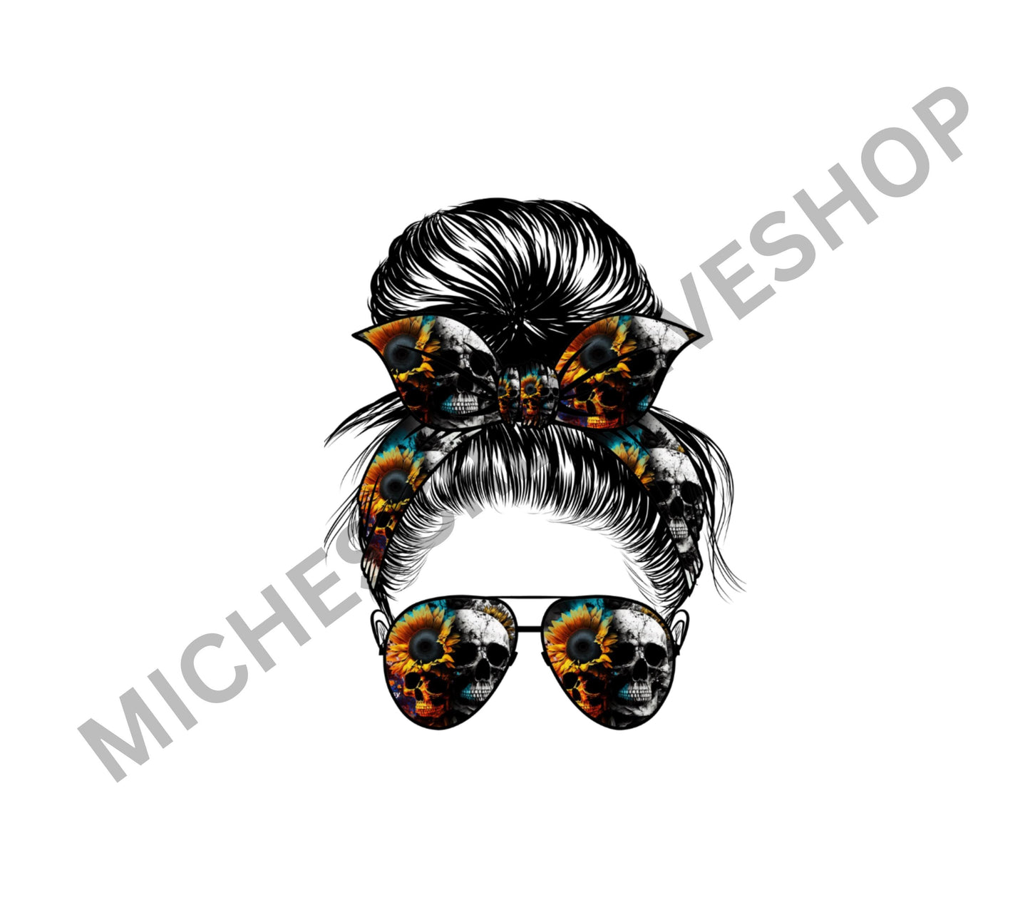 TUMBLER 20 oz Printable WOMAN SUNFLOWER  clip art Messy Bun with Skull Sunglasses Floral Bow  Gothic Hippie Sublimation printable tumbler