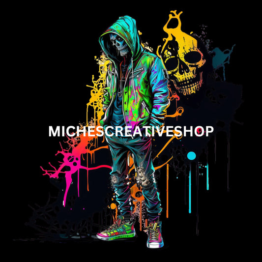 SKELETON MAN  scary in Neon Colours digital image only 400 dpi Neon Skeleton Design hip hop skeleton man great for t-shirt designs printable