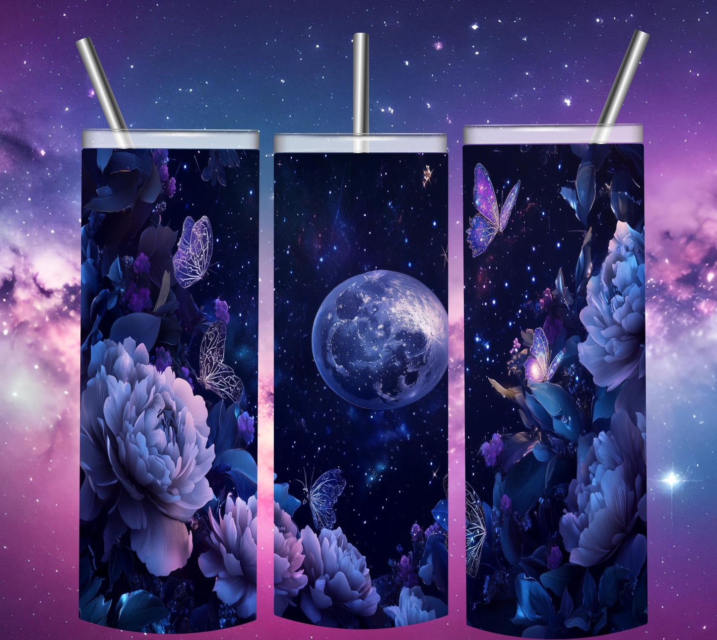 TUMBLER 20 oz Celestial Moon Garden Clipart – Night Sky with Peonies & Butterflies | Cosmic Floral PNG Background