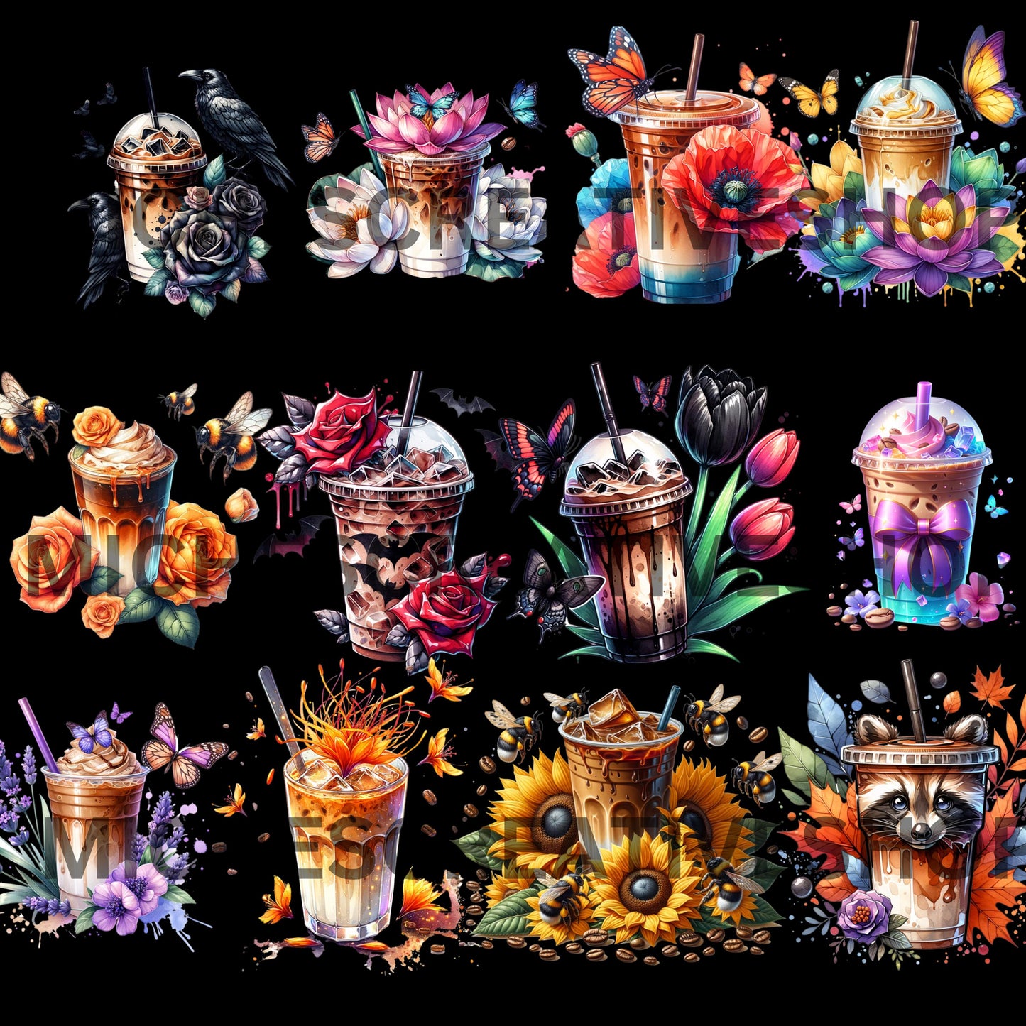 COFFEE CAFFINE COLLECTION Clip Art Bundle Iced Coffee and Coffee Cup Illustrations Digital Coffee Art for Crafts Stickers sublimation create