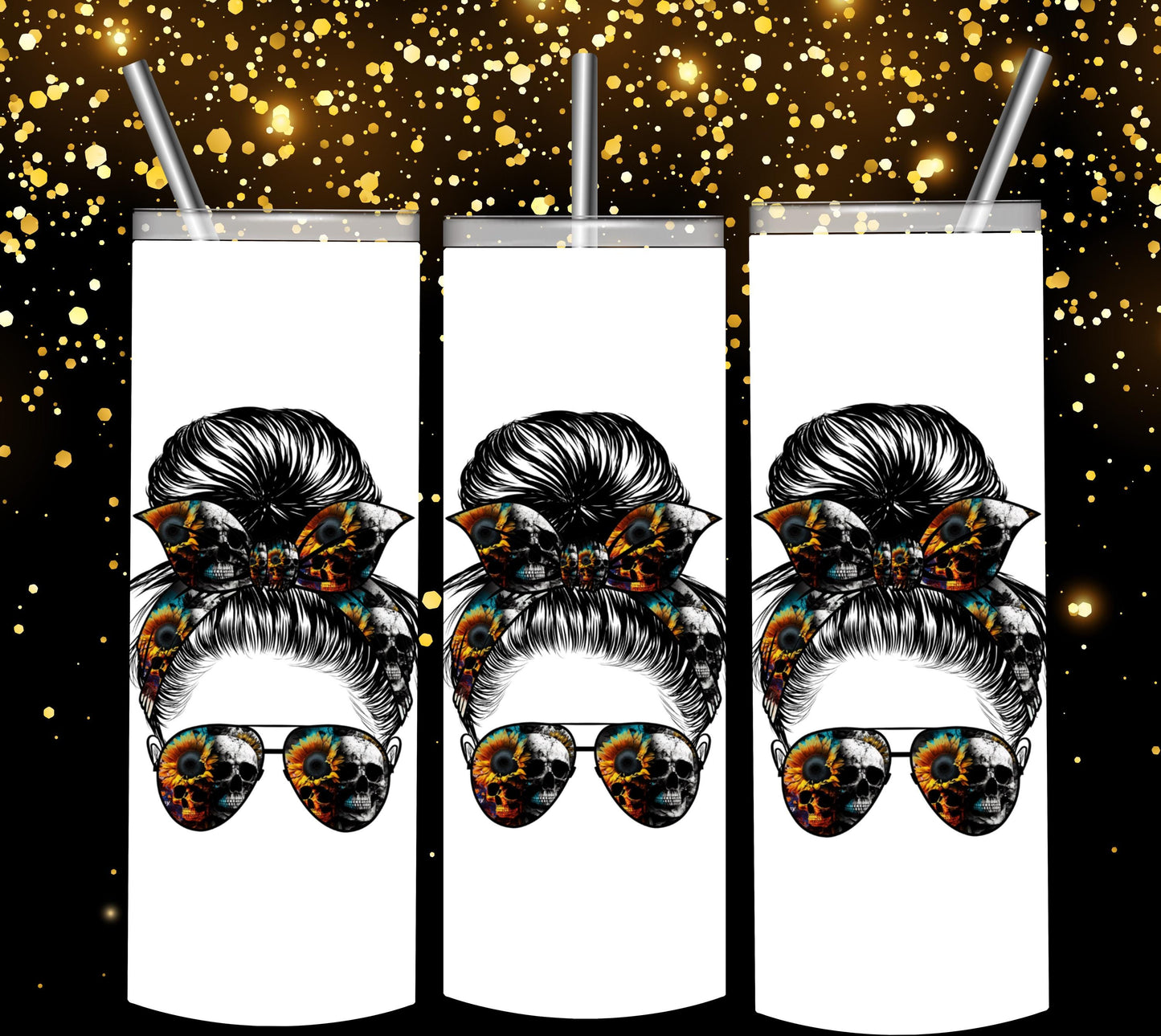 TUMBLER 20 oz Printable WOMAN SUNFLOWER  clip art Messy Bun with Skull Sunglasses Floral Bow  Gothic Hippie Sublimation printable tumbler