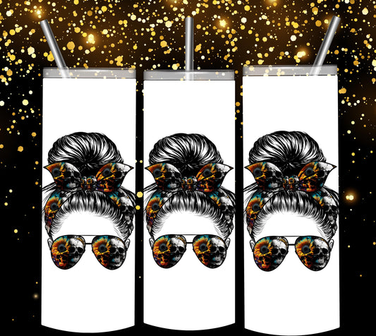 TUMBLER 20 oz Printable WOMAN SUNFLOWER  clip art Messy Bun with Skull Sunglasses Floral Bow  Gothic Hippie Sublimation printable tumbler