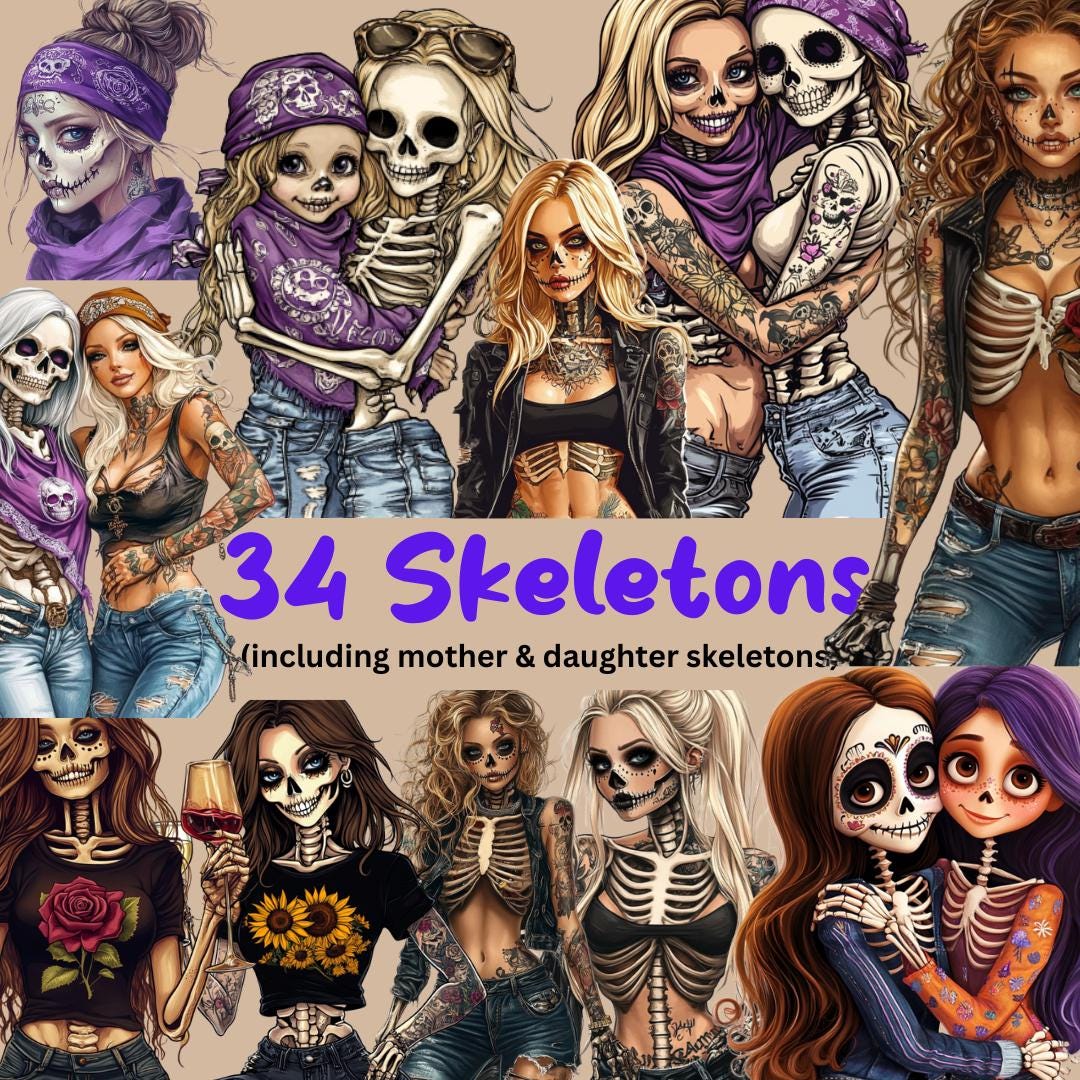 Skeleton Chick Clipart Cute Skull Girl PNG Halloween Design Digital Download mother daughter skeletons great for t-shirt printable designs