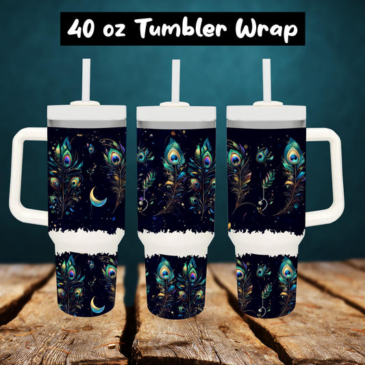 TUMBLER WRAP FEATHERS peacock feathers Celestial Galaxy Night Sky Design Png Digital Download for Sublimation Glittery Moon & Stars Cup Wrap