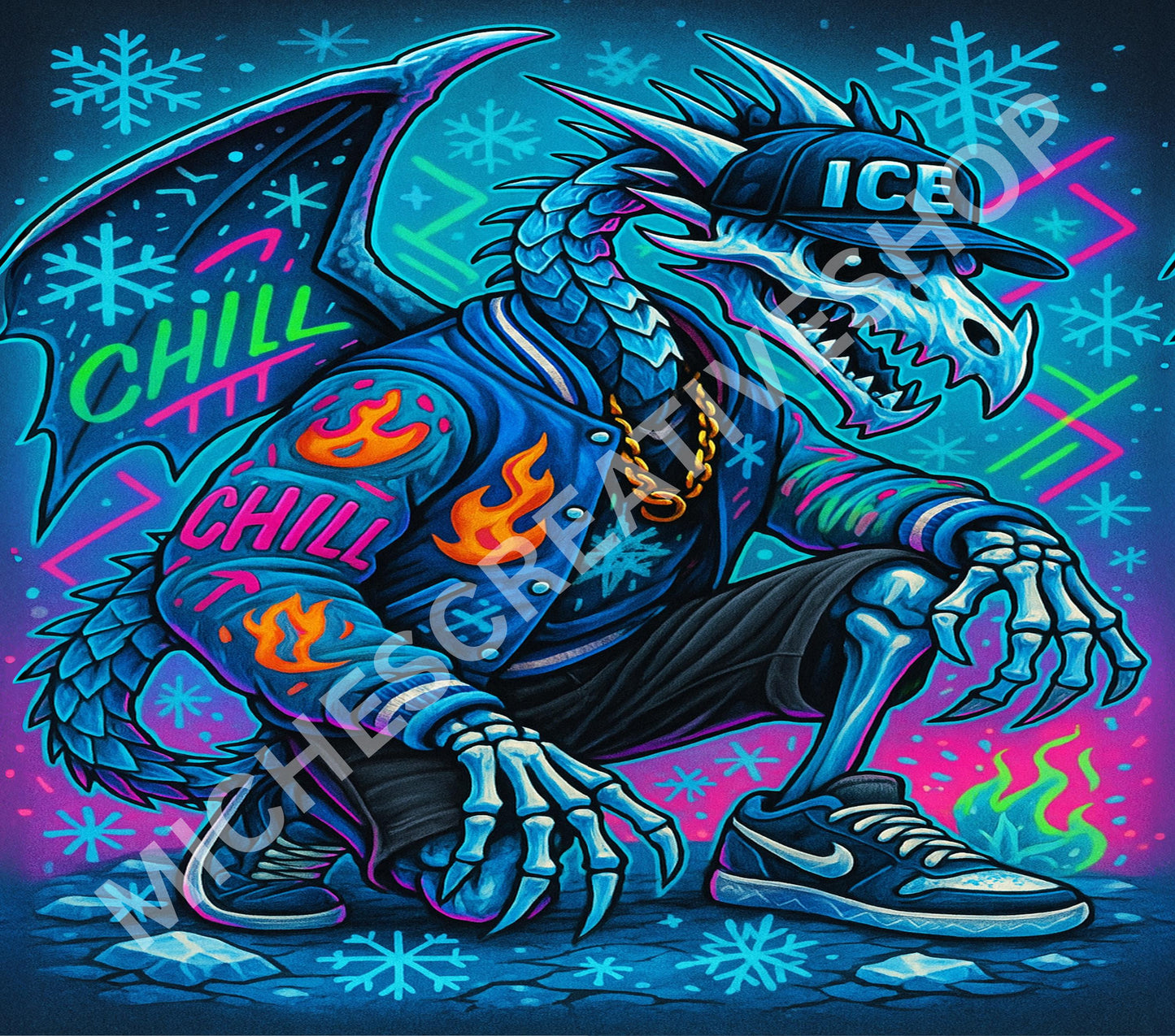 TUMBLER 20 oz Dragon Skeleton  Urban Graffiti Style Wall Print Neon Fantasy Creature Poster Streetwear Décor  sublimation printable only