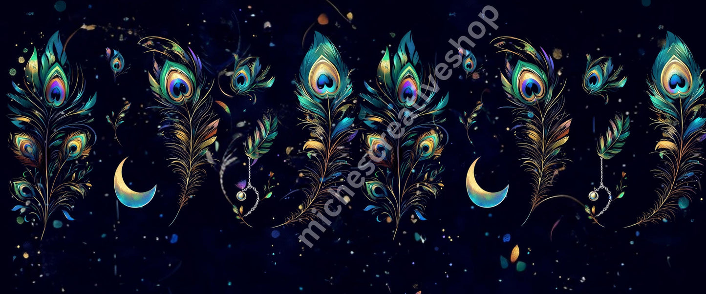 TUMBLER WRAP FEATHERS peacock feathers Celestial Galaxy Night Sky Design Png Digital Download for Sublimation Glittery Moon & Stars Cup Wrap