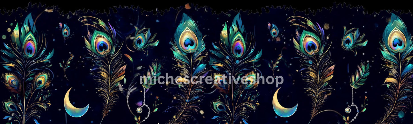 TUMBLER WRAP FEATHERS peacock feathers Celestial Galaxy Night Sky Design Png Digital Download for Sublimation Glittery Moon & Stars Cup Wrap