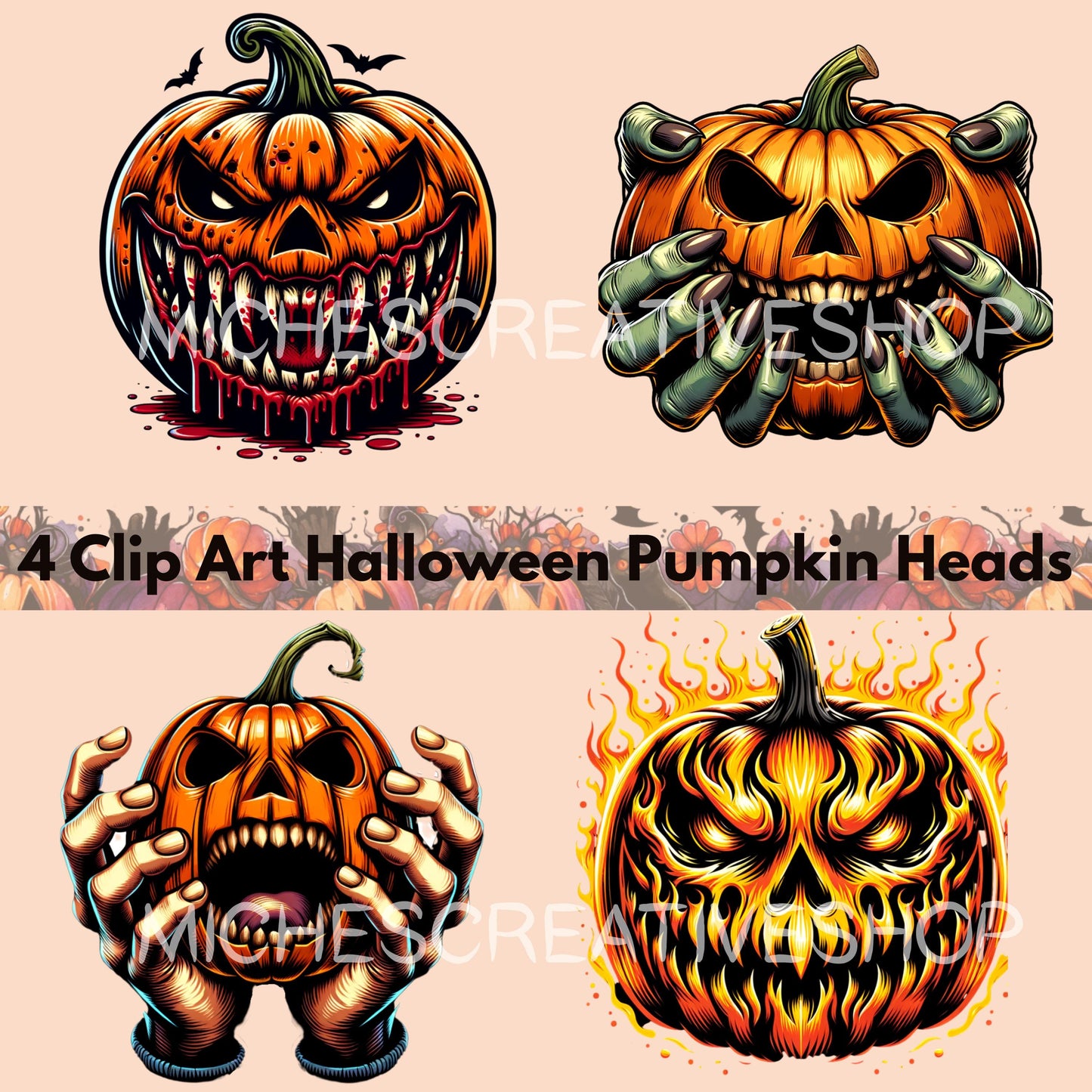 HALLOWEEN PUMPKIN Faces Creepy Jack o' Lantern Horror Art with Flames Claws Screams  Blood Spooky Scary Halloween Terrifying spooky digital