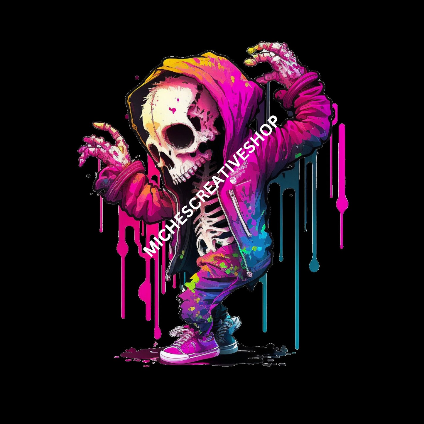 SKELETON MAN  in Neon Colours digital image only 400 dpi Neon Skeleton Design hip hop skeleton man cool