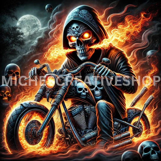 SKELETON MOTORBIKE FLAMES hip hop so cool skeleton skull design great for t-shirts vibrant edgy hip-hop vibes motorbikes skulls printable
