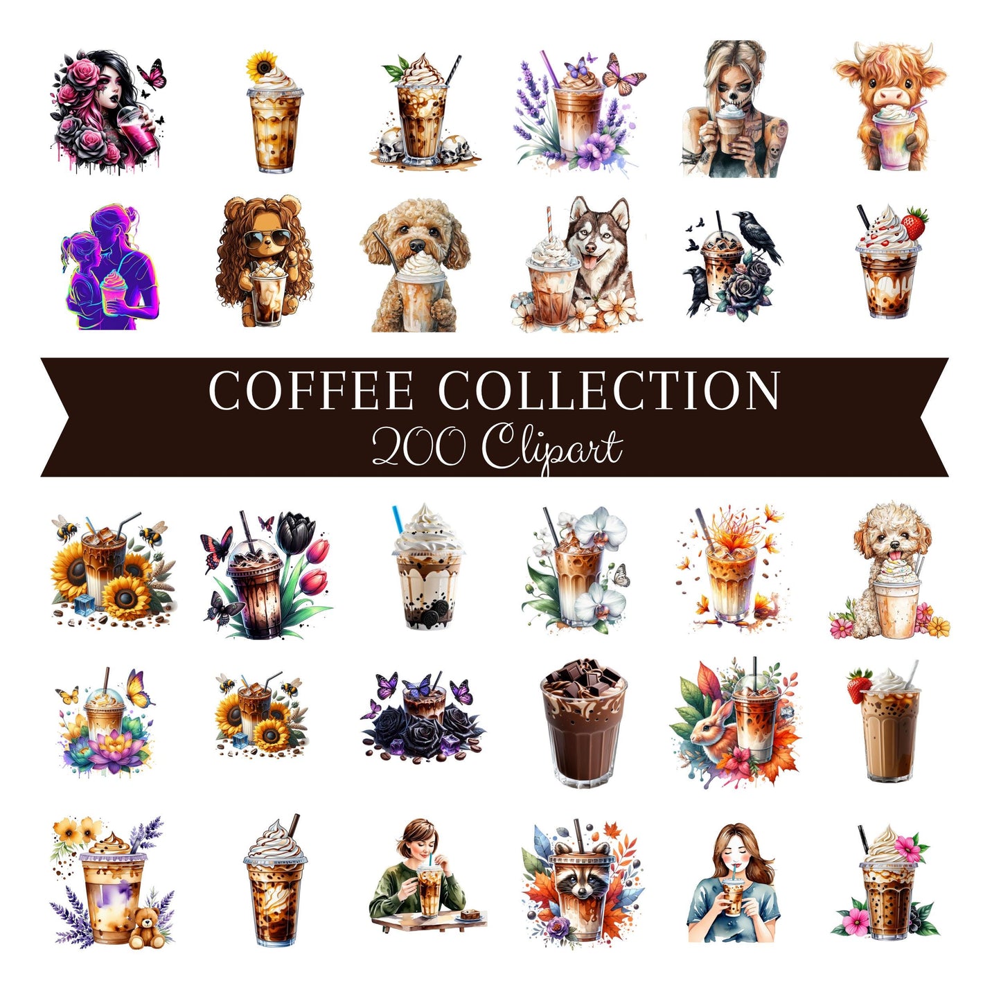 COFFEE CAFFINE COLLECTION Clip Art Bundle Iced Coffee and Coffee Cup Illustrations Digital Coffee Art for Crafts Stickers sublimation create