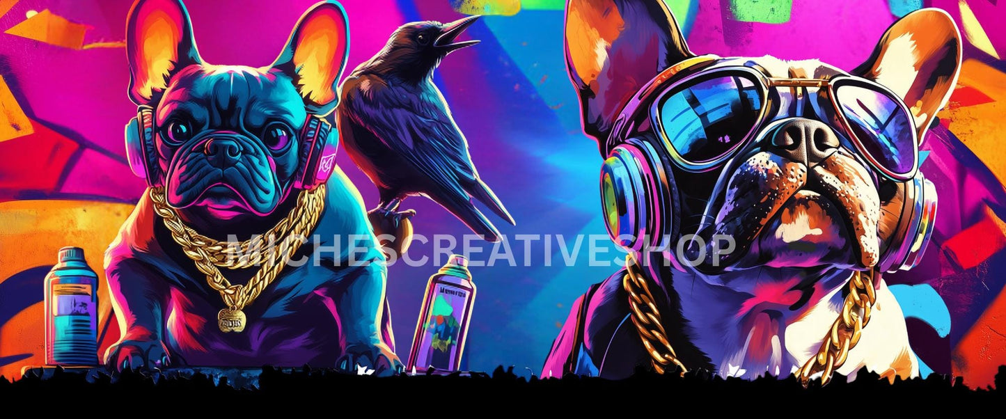 TUMBLER WRAP 40 oz street bulldog design PNG Neon Frenchie with Gold Chain 40 oz Wrap Design great for tumbler wraps