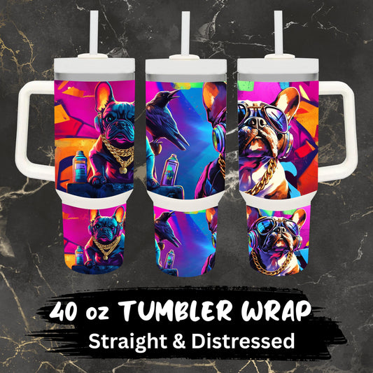 TUMBLER WRAP 40 oz street bulldog design PNG Neon Frenchie with Gold Chain 40 oz Wrap Design great for tumbler wraps