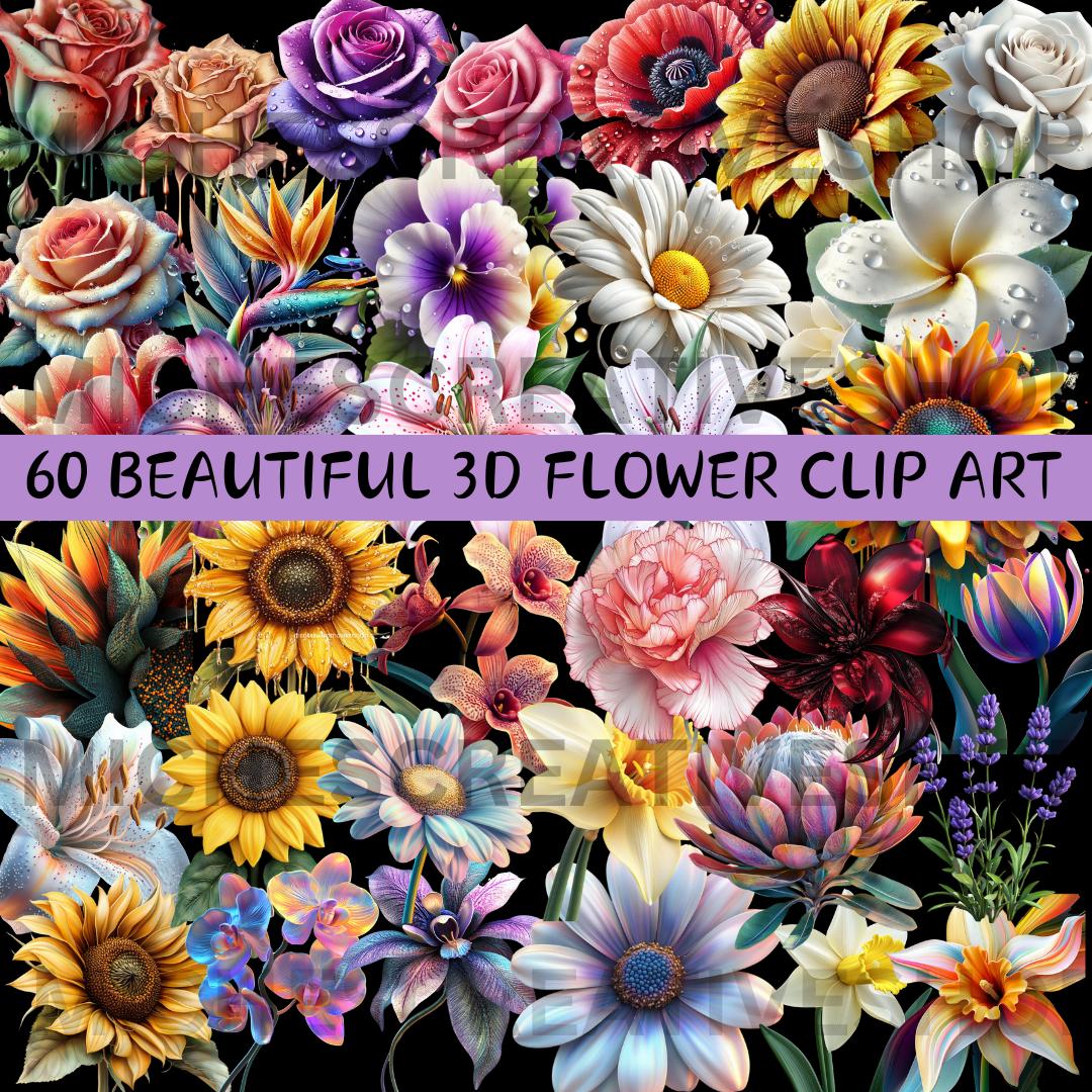 FLOWER 3D 60 clip art daffodil birds of paradise daisy carnation Pansy Frangipanni Lavender Lily Protea Poppy Sunflowers Roses Tulips