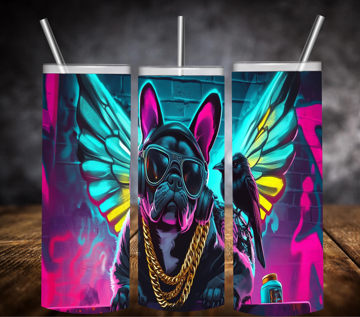 TUMBLER 20 oz BULLDOG HIP Urban Wings: Hip-Hop Bulldog in Neon Graffiti sublimation Printable great design for your tumbler