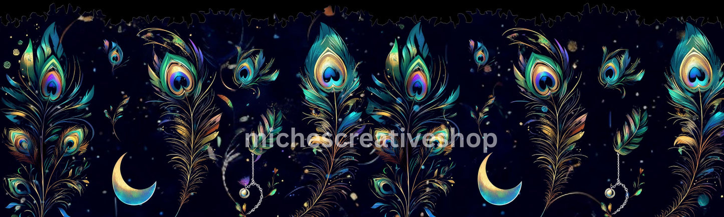 TUMBLER WRAP FEATHERS peacock feathers Celestial Galaxy Night Sky Design Png Digital Download for Sublimation Glittery Moon & Stars Cup Wrap