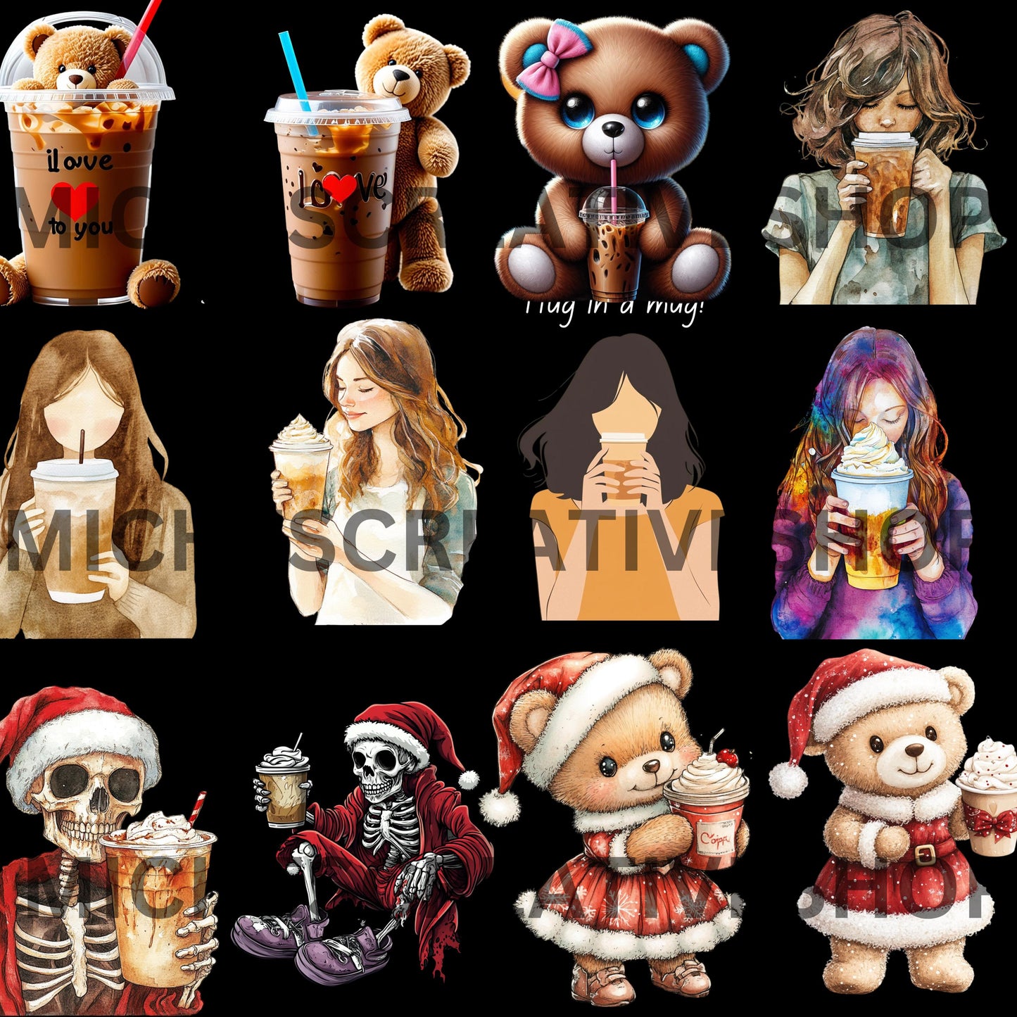 COFFEE CAFFINE COLLECTION Clip Art Bundle Iced Coffee and Coffee Cup Illustrations Digital Coffee Art for Crafts Stickers sublimation create