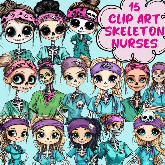 SKELETON NURSE clip art | groovy medical svg | cute skull RN in scrubs | Halloween nurse | funny medical design for shirts mugs stickers