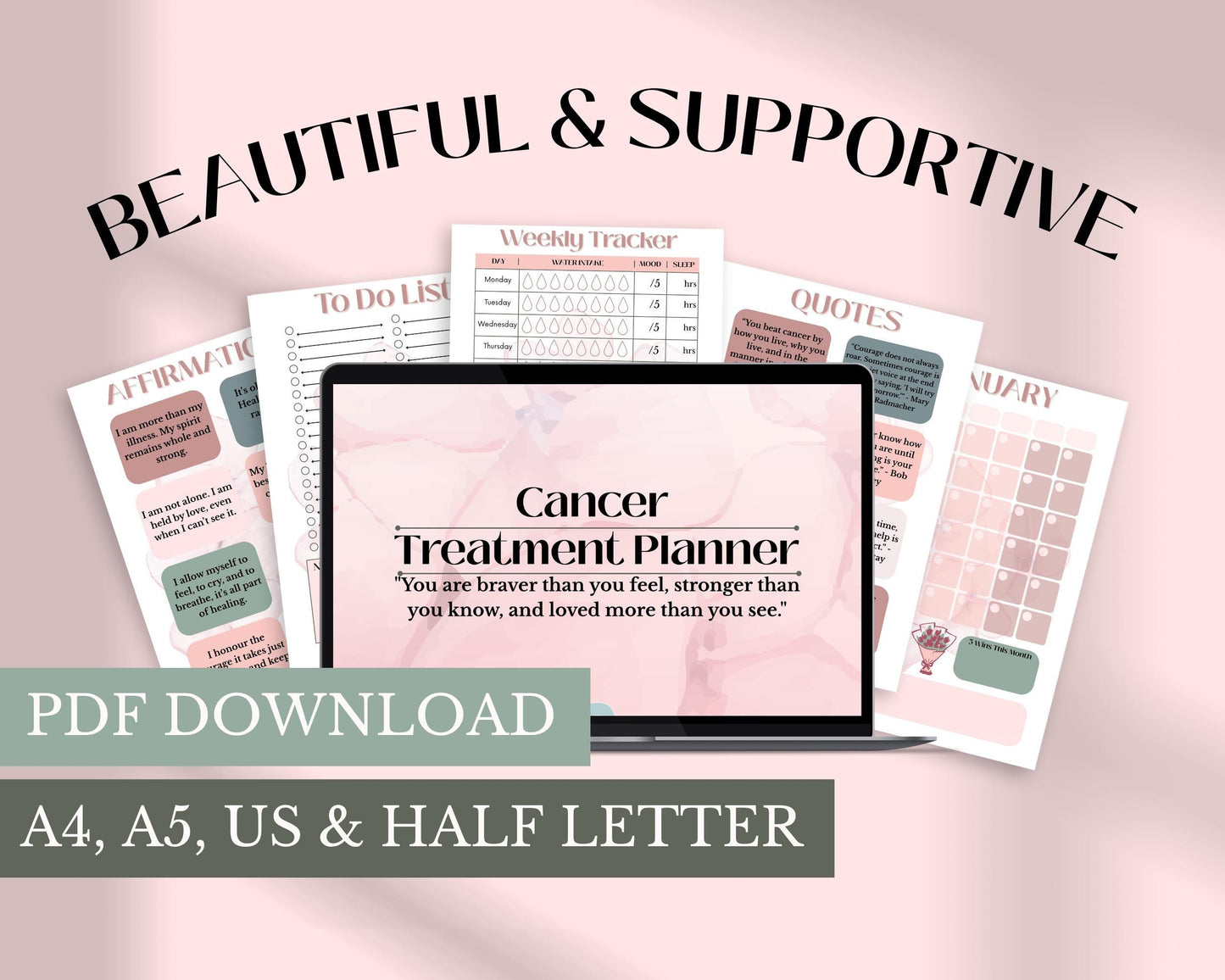 Digital Cancer Wellness Planner PDF Printable Health Tracker Chemo Symptom Log Self-Care Mood Tracker A4 Cancer Treatment Journal