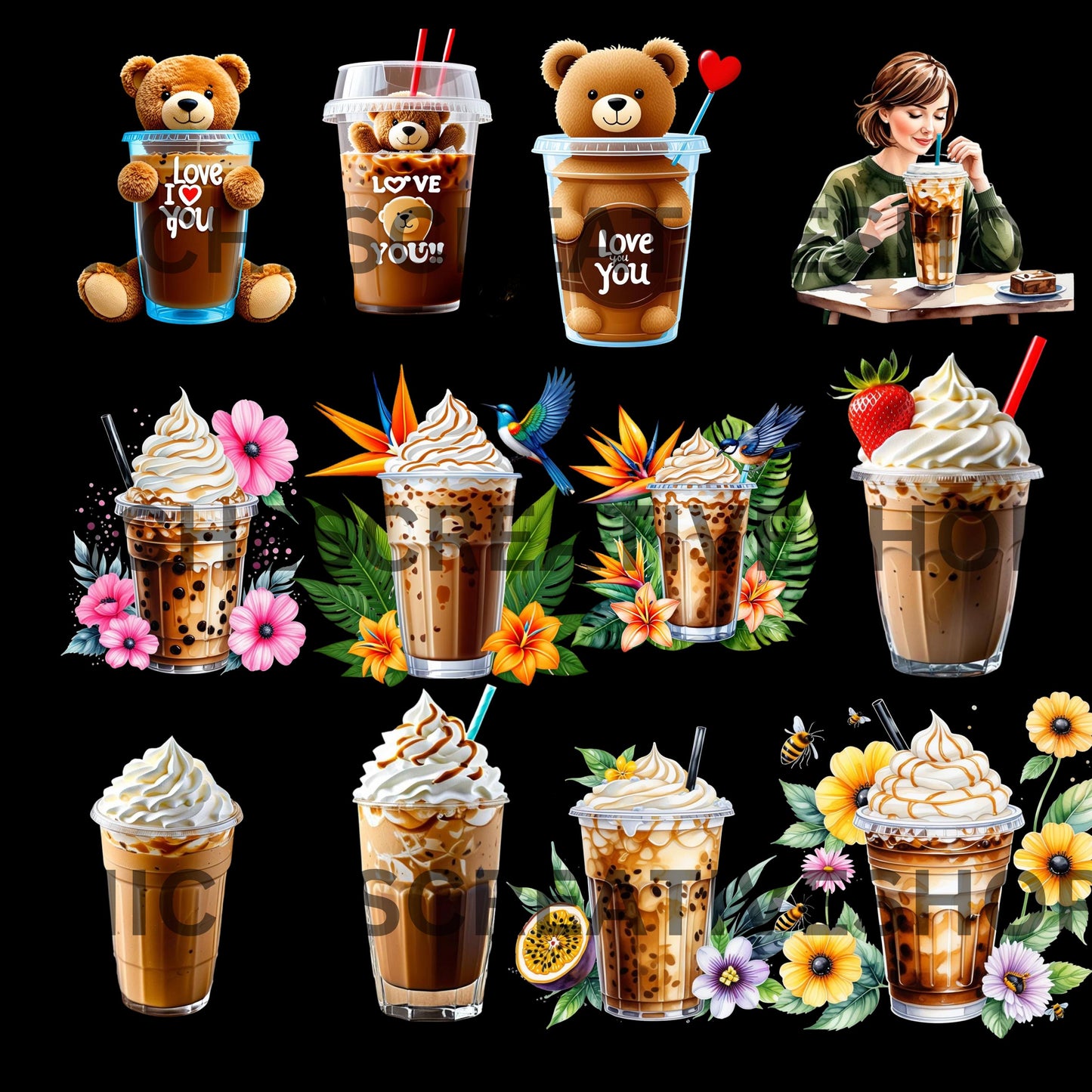 COFFEE CAFFINE COLLECTION Clip Art Bundle Iced Coffee and Coffee Cup Illustrations Digital Coffee Art for Crafts Stickers sublimation create