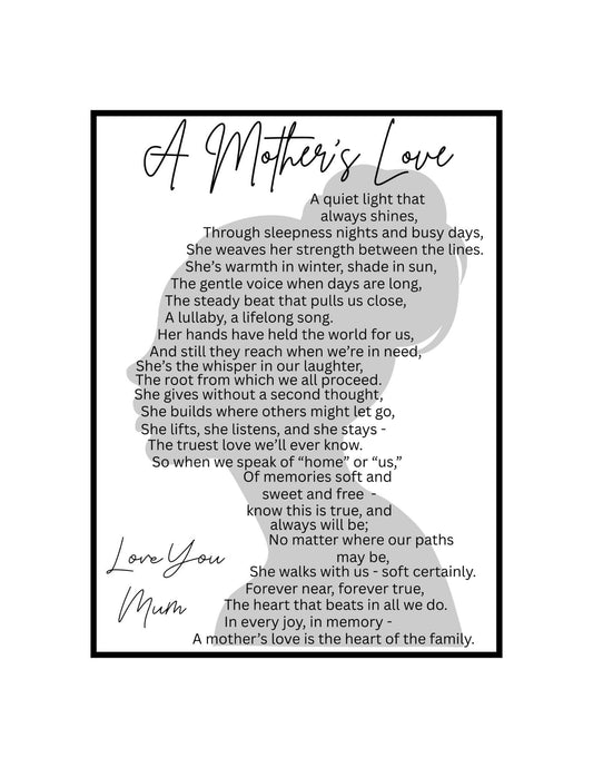 MOTHER'S POEM printable A Mother’s Love Is the Heart of the Family –  Mother’s Day Gift Digital Download Sentimental Gift for Mum Printable