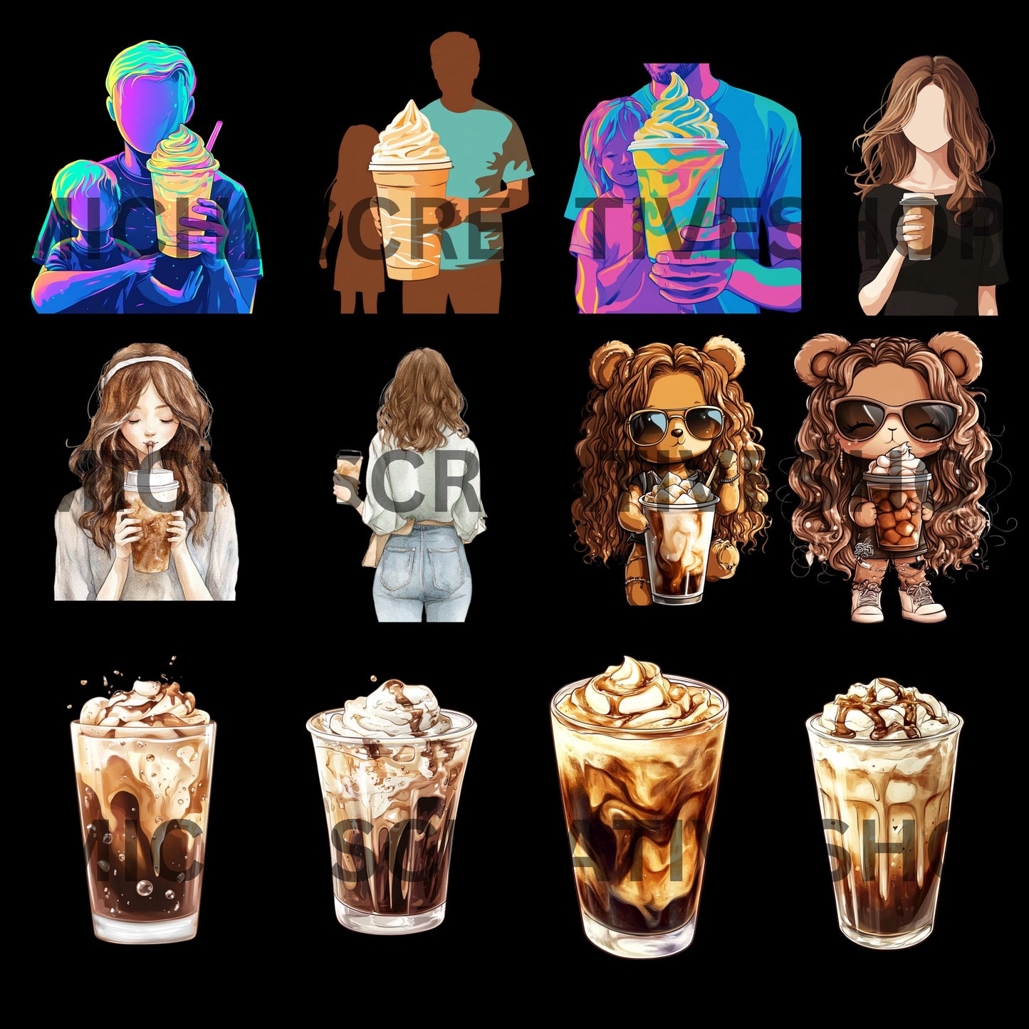 COFFEE CAFFINE COLLECTION Clip Art Bundle Iced Coffee and Coffee Cup Illustrations Digital Coffee Art for Crafts Stickers sublimation create