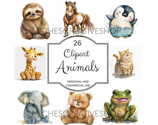 ANIMALS clipart cute fox giraffe penguin sloth frog horse dog cat koala tiger panda sloth elephant digit download animal cuddly printable